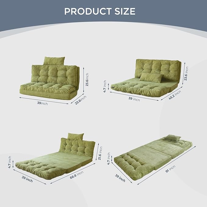 MAXYOYO Bean Bag Bed Tufted Folding Sofa Bed with Pillows Floor Mattress for Adults, Extra Thick and Long Floor Sofa, Twin Couch for Bedroom Living Room, Green, 39x91 Inch