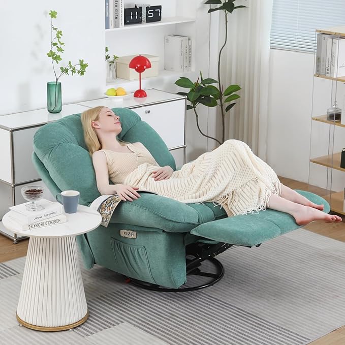 EDWELL Green Massage Swivel Recliner Chair, Oversized Rocker Recliner with Heated, Vibration Massage and Lumbar Heat Ergonomic Rocker Chair for Adults with Side Pocket, USB Charge Port