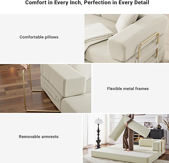 78" Convertible Sleeper Sofa Bed, Corduroy Folding Sofa Bed with Fixed-Shape Frame, Fold Out Floor Mattress Couch, Lazy Compression Sofas for Living Room, Bedroom, No Assembly Required, Beige