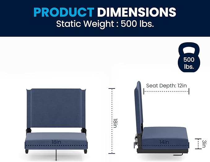 Flash Furniture Grandstand Portable Stadium Seats for Bleachers or Benches, Folding Padded Stadium Chairs with Handle, Pack of 2, 500 lb. Weight Capacity, Navy Blue