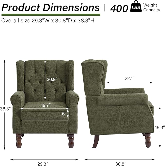 DREAMSIDEA Accent Chair, Upholstered Armchair with Button Tufted High Back & Solid Wood Legs, Comfy Wingback Reading Single Sofa Chair for Small Spaces, Living Room, Bedroom (Green, Set of 2)