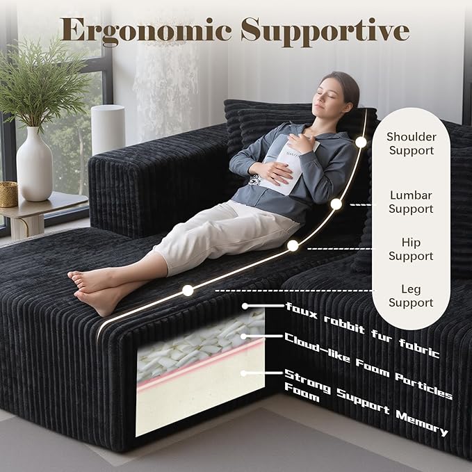 130'' U Shaped Couched for Living Room, Cloud Modular Sectional Couch with 2 Chaise Lounge, Modern Minimalist Upholstered Sofa Sleeper Deep Seat Corner Couch, No Assembly Required Black