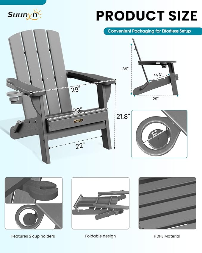 Folding Adirondack Chair 6 Pack, HDPE All-Weather Fire Pit Chairs, Plastic Adirondack Chairs with 2 Cup Holder, Outdoor Lawn Chair for Patio Garden (Grey)
