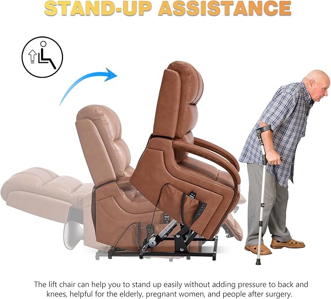 Dual Motor Power Lift Recliner Chair, Lay Flat Recliner, Lift Chair with Massage and Heat, Standing Assistance, Infinite Position Reclining, Living Room Chair (Faux Leather Orange)