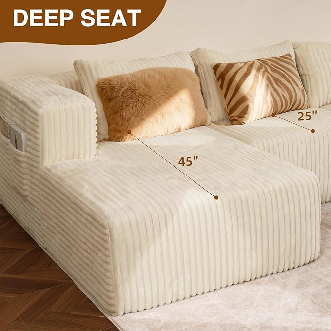 Favoduerme 117” Modular Sectional Cloud Couch with L-Shape Chaise Lounge, Boneless Convertible Sofa for Living Room, Corduroy 4-Seater Couch, No Assembly Required, Cream Beige, Left Facing Chase