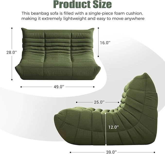 Selyteramy Bean Bag Chairs for Adults, Giant Bean Bag Chair Sofa with Memory Foam, Comfy Beanbag Loveseat Lazy Sofa for Living Room, Bedroom, Apartment, Green