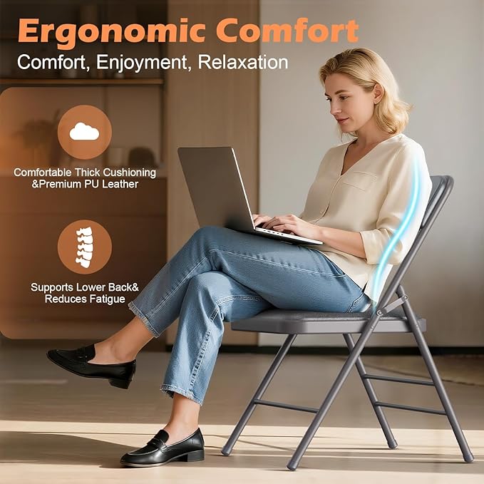 Folding Chairs 4 Pack with Padded Cushion and Back, Metal Folding Chairs with Comfortable Cushion and Durable Steel Frame Capacity for Home, Office, Party and Outdoor Events (PU-Grey, 4 Pack)