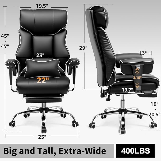 COMHOMA Big and Tall Office Chair 400lbs High Back Gaming Chair with Ergonomic Lumbar Support & Pocket Spring Cushion for Lower Back Pain Relief, Leather Executive Chair with Foot Rest, Iron Black