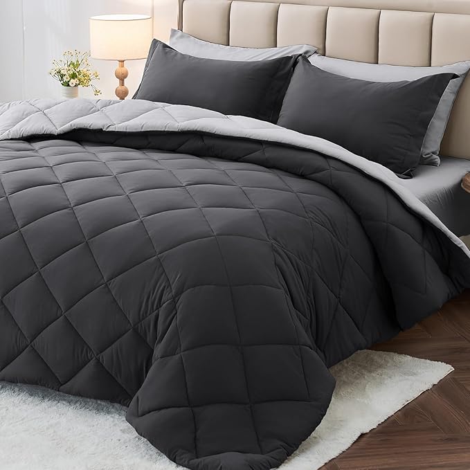 MUXHOMO 7 Pieces Full Comforter Set, Reversible Bed in a Bag Full Size, All Season Bedding Set with Comforter, Flat Sheet, Fitted Sheet, Pillowcases & Shams, Dark Grey & Light Grey