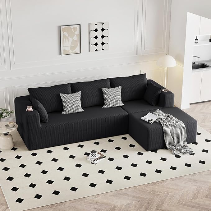 Furnimart 41" Big Oversized Ottoman for Modular Sectional Sofa Bed, Modern Boneless Large Ottoman Compression Footstool Cloud Couches for Living Room, No Assembly Corduroy Black