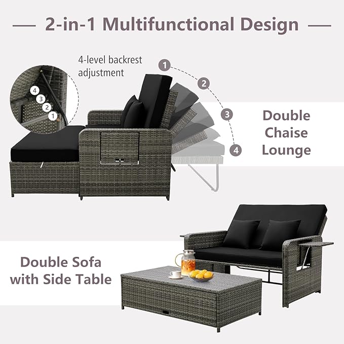 RELAX4LIFE Wicker Patio Outdoor Daybed - Rattan Day Bed Lounger w/Loveseat & Storage Ottoman, Sunbed Sofa Set w/Cushions, 4-Level Adjustable Backrest & 2 Retractable Trays, Patio Daybed (Black-Grey)