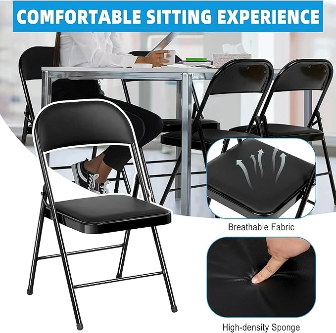 6 Pack Black Padded Folding Chairs Set - Comfortable Stackable Portable Chairs for Indoor Outdoor, Events, Parties, Office, Wedding (PU Leather, Classic Black,School Chair)