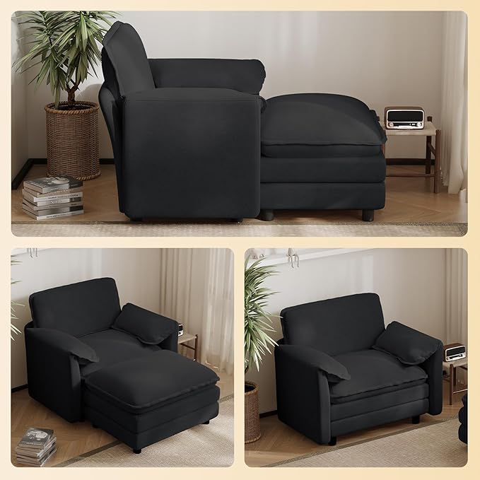DAMAIFROM Oversized Chaise Lounge Chair Indoor with Ottoman, Firm Solid Wood Frame with Long Service Life Chenille Oversized Lounge Reading Chair for Study Room - Black