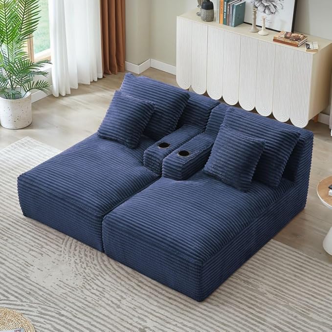 71" Oversized Double Chaise Lounge Sofa Indoor Boneless Sleeper Daybed, Fluffy Corduroy Upholstered Compressed Cloud Couch Loveseat Sofabed, Floor Chair w/Cupholders, Side Pockets for Living Room