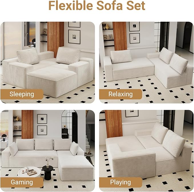 KAPEETOO Modular Sectional Sofa Cloud Couch for Living Room, Right L Shaped Boneless Couch with Chaise Longue, Oversize 3-Seater Sectional Sleeper Sofa Set with Deep Seat Bedroom (White)