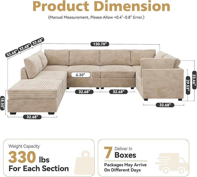 CAODOC Large 7 Seat Modular Sectional Sofa with Ottoman Seat Corduroy Sleeper Sectional Sofa Bed Oversized Convertible Modular Couch for Living Room
