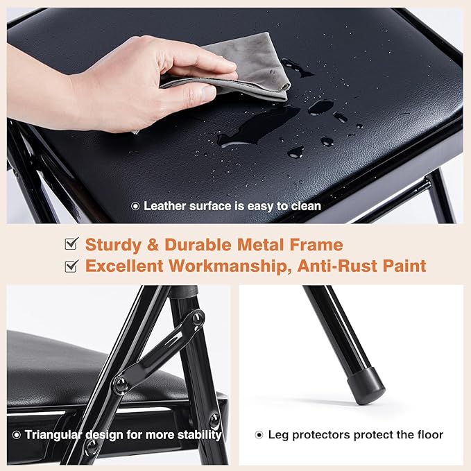 Sweetcrispy Folding Chair 6 Pack, Leather Padded Folding Chairs, Sturdy Metal Foldable Chairs, Easy to Use and Store, Outdoor and Indoor, for Home, Office, Party, Comfy