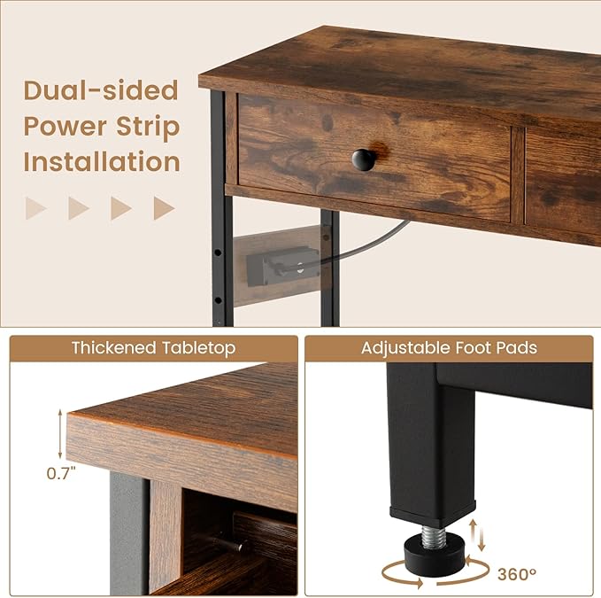GOFLAME Console Table with Power Outlet, Narrow Entry Table with Drawers, 2 AC Outlets & 2 USB Ports, Sofa Table for Living Room Behind Couch, Living Room, Foyer, Brown