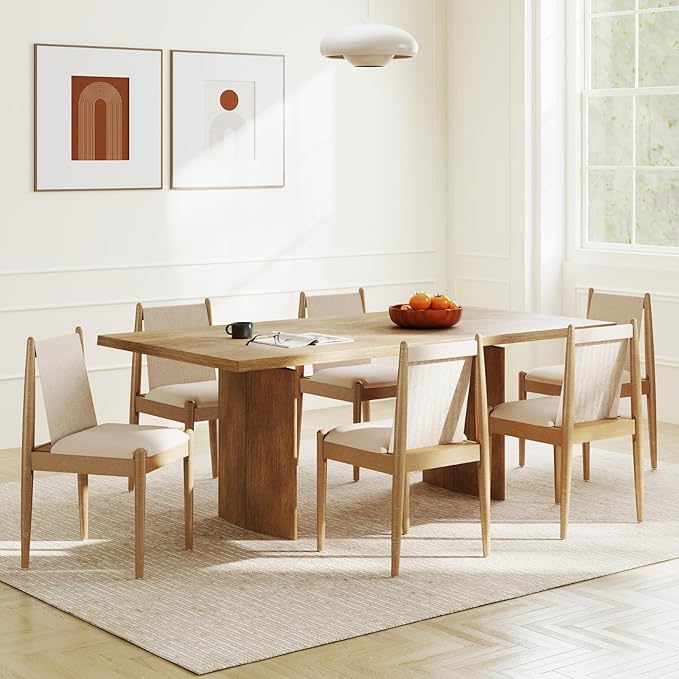 DUOMAY Upholstered Linen Beige Dining Chairs Set of 6, Wooden Armless Kitchen Chairs with Natural Legs and Sturdy Frame for Dining Room, Restaurant, Living Room