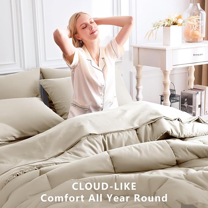 CozyLux Queen Comforter Set Oatmeal, 7 Pieces Bed in a Bag, Oatmeal Comforter Queen Size, All Season Bedding Sets with Stitch Quilted Comforter, Flat Sheet, Fitted Sheet, Pillowcases