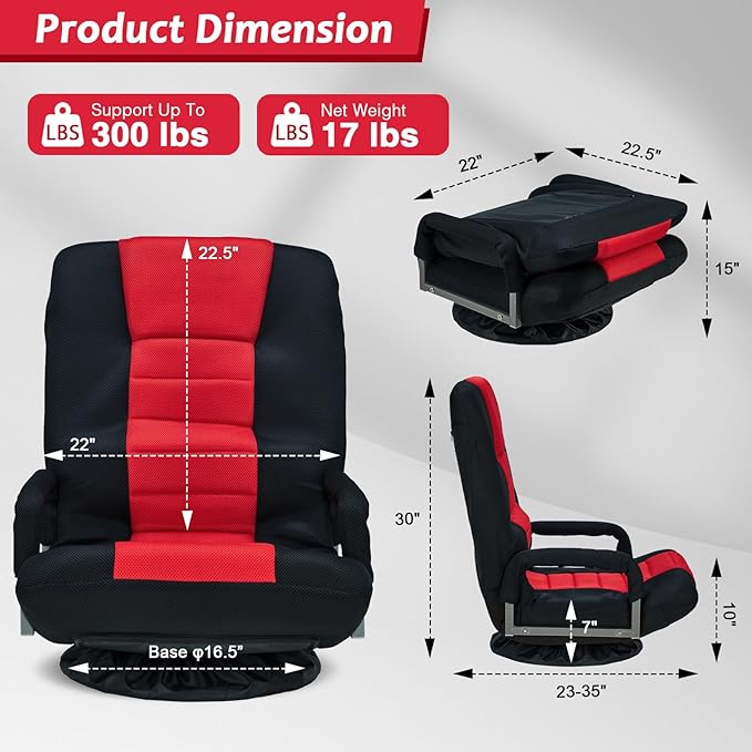 360° Swivel Chair 6 Adjustable Positions Backrest with Armrest Foldable Floor Chairs Suitable for Reading, Relaxing, Mediation,Red