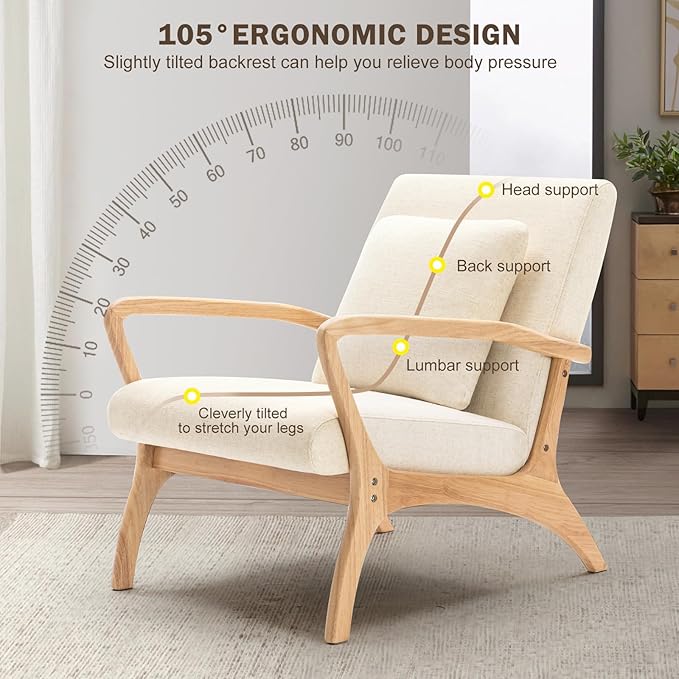 ELUCHANG Mid-Century Modern Accent Chair with Lumbar Pillow, Upholstered Armchair in Premium Linen Fabric, Comfy Reading & Lounge Chair for Living Room, Bedroom, Sunroom, Apartment