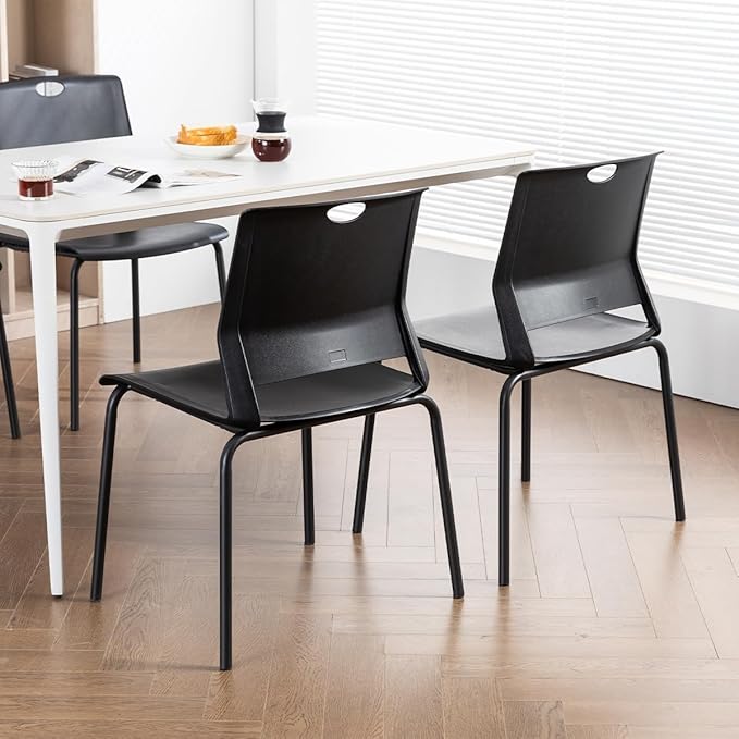 Black Stackable Chairs Set of 4, Modern Office Guest Chair Wide Seat, Stackable Dining Chairs, Plastic Chair for Conference Room, Church,Living Room, Waiting Room, Classroom.