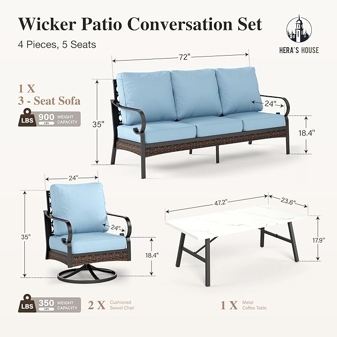 HERA'S HOUSE 4 Piece Metal Patio Furniture Set, All Weather Outdoor Conversation Set with 3 Seat Sofa, 2 Swivel Chairs & Coffee Table, Seats 5 for Backyard, Garden, Deck, Blue