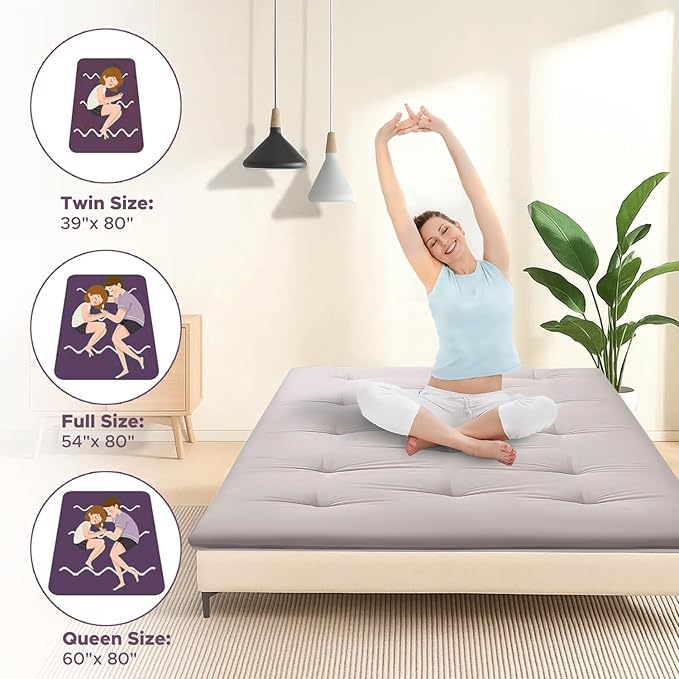 Japanese Floor Futon Mattress, 100% Cotton 2.5" Thicken Foldable Mattress Tatami Mat Sleeping Pad, High Density Foam, Ideal for Comfort and Support, Kids Floor Lounger Pillow Bed Sofa, Grey, Twin
