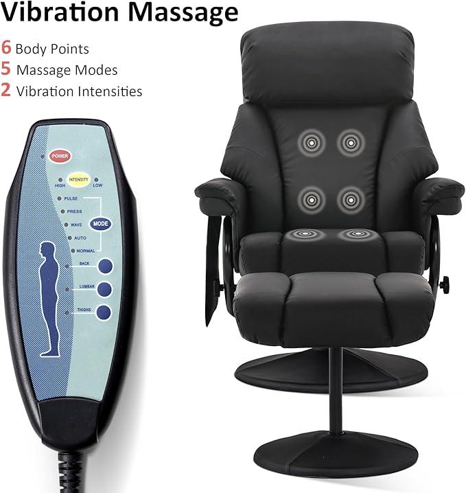 MCombo Swivel Recliner with Ottoman, TV Chair with Vibration Massage, Ideal for RV Small Space, Living Room & Bedroom 4539 4828 (Faux Leather, Black)