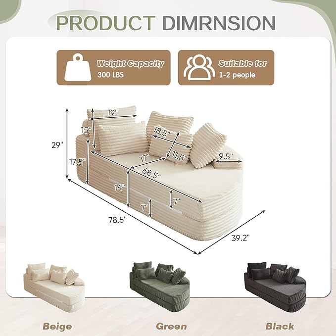 Antetek Chaise Lounge Chair Indoor, Convertible Folding Futon Sofa Bed w/ 5 Pillows, Fluffy Corduroy Boneless Compressed Memory Foam Couch for Living Room, Bedroom (Beige, Right Half)