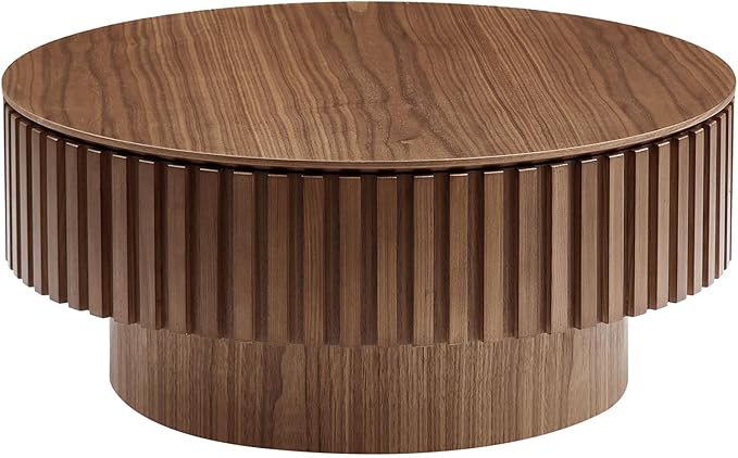 31.49'' Round Coffee Table with Storage Small Coffee Table for Apartment, Modern Living Room Coffee Table with Sturdy Pedestal (Walnut, Ø31.49 x 13.77 with Storage)