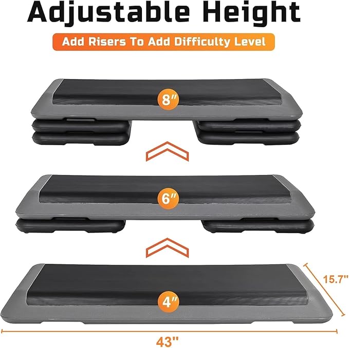 ZENY 43'' Exercise Aerobic Step Platform, Adjustable Fitness Stepper with 4 Stackable Risers, Aerobics Stepper Workout Stepper for Home Gym Cardio Strength & Training