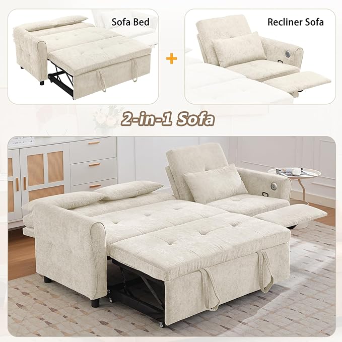 Gagawin 2 in 1 Convertible Sofa Bed with Reversible Recliner, Chenille 3-Seater Couch Sleeper with Pull Out Bed & Adjustable Backrest & Dual USB Charging Ports for Living Room, Beige