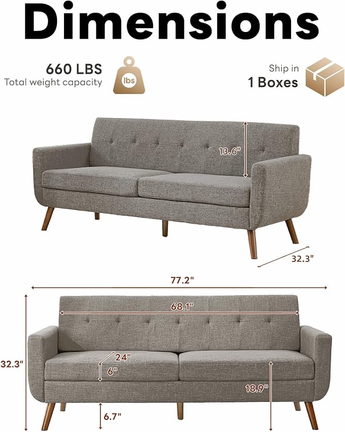 Tbfit 77.2" W Linen Sofa Couch, Mid Century Modern Decor Loveseat Couches for Living Room, Button Tufted Upholstered Small Couch for Bedroom, Solid, and Easy to Install Love Seats Furniture, Grey | linen fabric, button tufted, solid wood foot, pocket s...