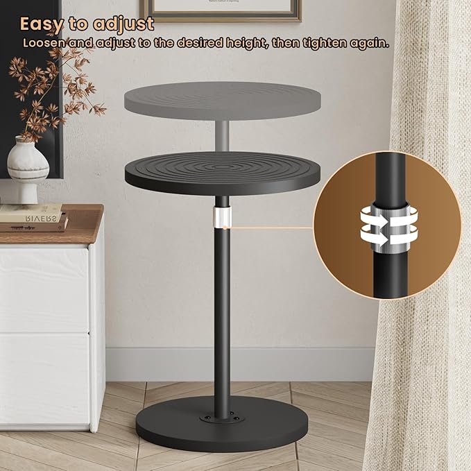 Asgolion Round Side Table Set of 2, Adjustable-Height Small Drink Table, Pedestal Martini Stand, Weighted Base Cocktail Table Accent Nightstand for Living Room, Bedroom, Bathroom, Office, Black