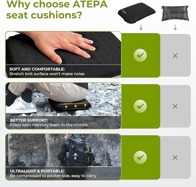 ATEPA Inflatable Seat Cushion, Self-Inflating Portable Stadium Airplane Travel Foam Cushion Pad for Camping, Sports Events, Outdoor
