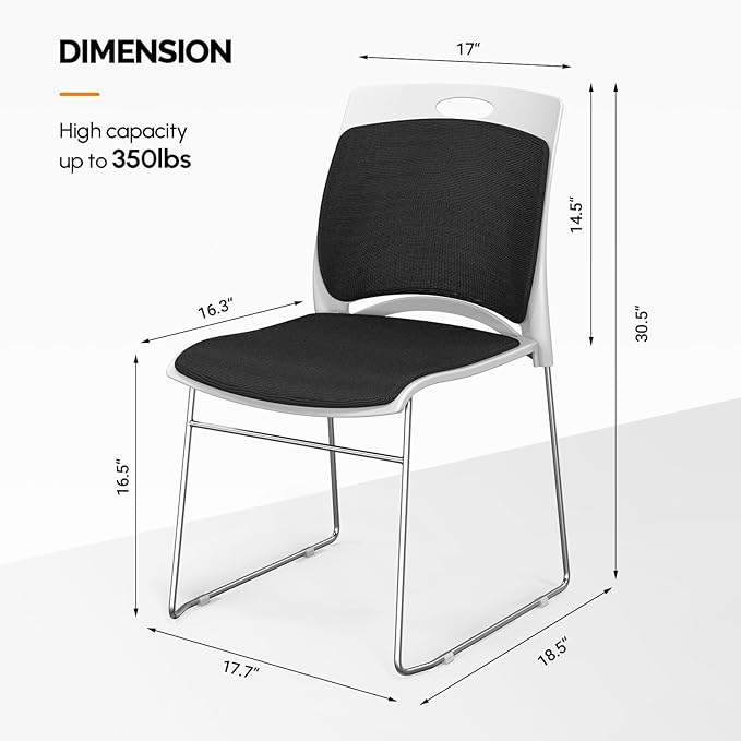 VINGLI Stackable Chairs Set of 4 Stacking Office Chairs with Metal Sled Base, Ergonomic Plastic Padded Seat & Back, Capacity 350lbs, Stacking Chairs for Waiting Room Break Room Banquet Guest, Black