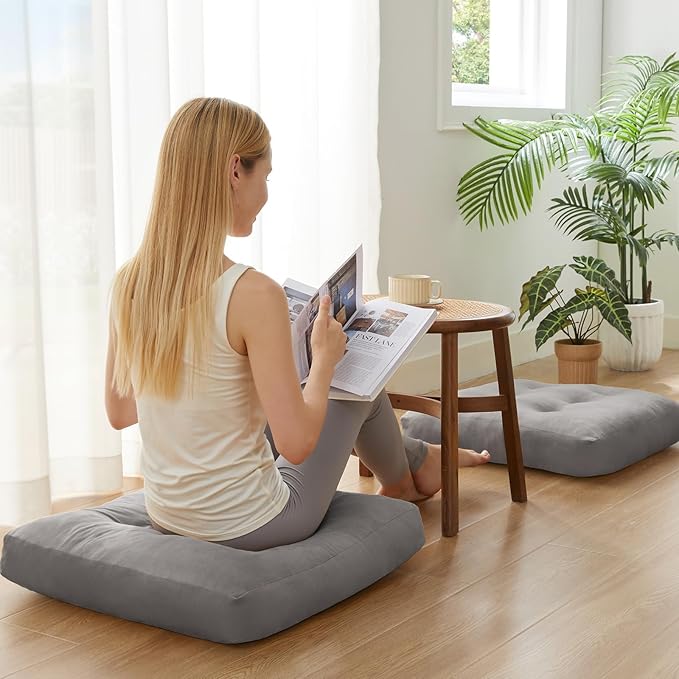 SM-XLHN Meditation Floor Pillow Set of 6, Square Large Pillows Seating for Adults, Meditation Cushion Pillow,Tufted Corduroy Cushion for Tatami Living Room or Yoga, Light Gray, 22x22 Inch