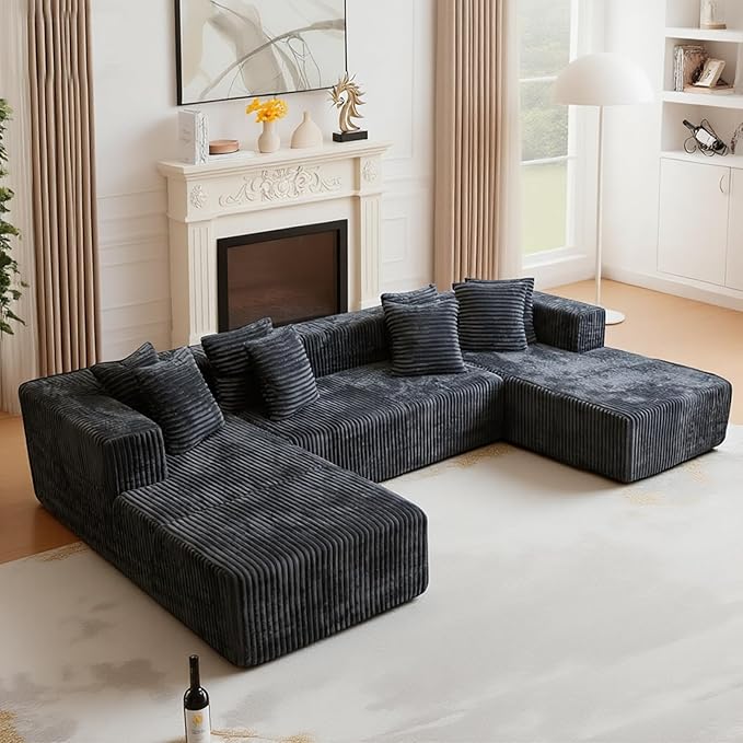 130'' U Shaped Couched for Living Room, Cloud Modular Sectional Couch with 2 Chaise Lounge, Modern Minimalist Upholstered Sofa Sleeper Deep Seat Corner Couch, No Assembly Required Dark Grey