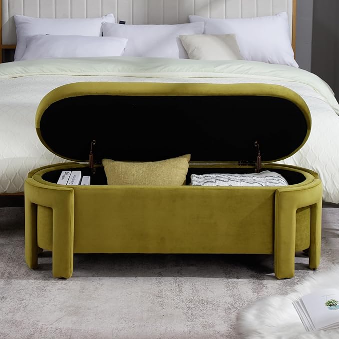 DM Furniture Modern Velvet Ottoman with Storage Entryway Bench for Living Room Comfy Upholstered End of Bed Bench with Safty Hinge for Bedroom/Living Room/Lounge/Corner, Olive