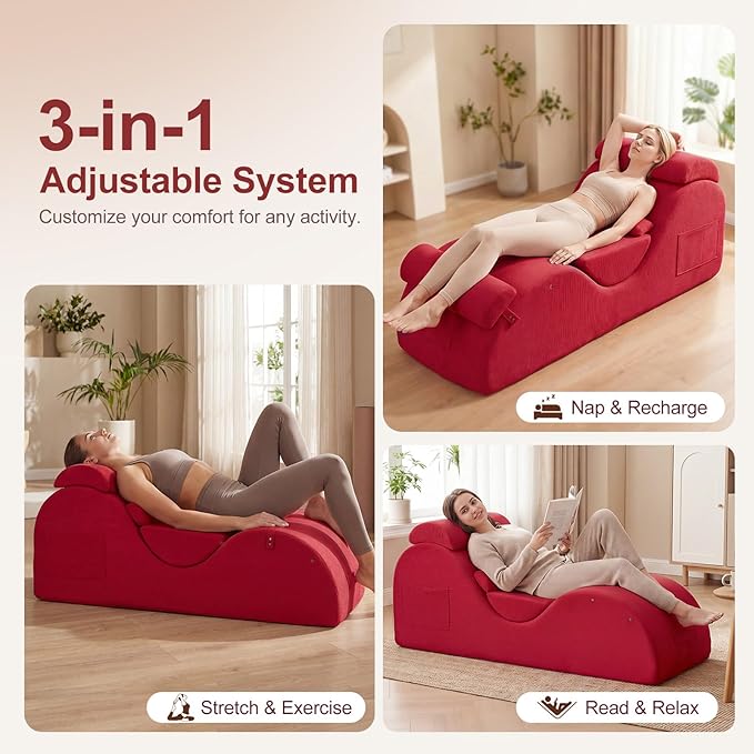 Yoga Chaise Lounge Chair, S-Shaped Floor Sofa with Moveable Headrest, Lumbar Pillow, Support Cushion, Footrest, Non-Slip Base, No-Assembly Lounger for Stretching, Meditation & Relaxation (Red)