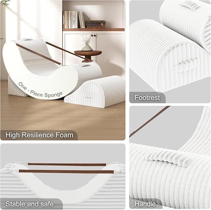Gaint Bean Bag Chairs for Adults, Beanbag Lounge Filled with Memory Foam, Adjustable Angle, Corduroy Fabric, with Detachable Footrest for Bedroom, Living Room and Nursery(White)