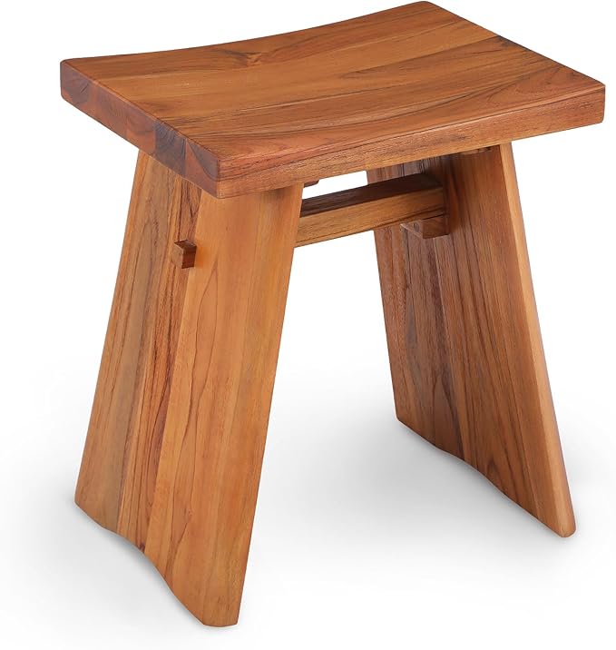StrongTek Teak Shower Stool, 18-Inch Pre-Oiled Solid Teak Wood Bath Seat Bench for Bathroom, Spa & Home, Ergonomic Curved Seat, Water-Resistant, 350 lbs Capacity, Stable and Durable Design (Natural)