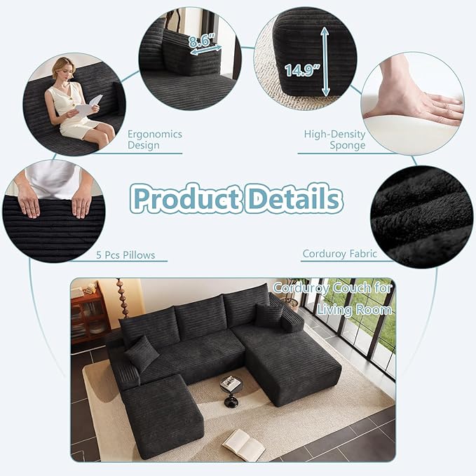 95" Cloud Sectional Couch with Ottoman,Modern U-Shaped Cloud Couch with Deep Seat,Comfy Corduroy 3-Seater Sofa,Memory Foam Sofa for Living Room,No Assembly (Black,Right-Facing Chaise)