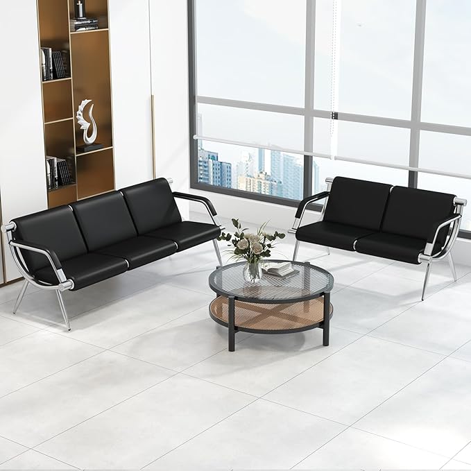Kinfant Waiting Room Chair- Office Reception Furniture with Armrest and PU Leather Cushion, Office Guest Chair for Waiting Room Airport Hospital Bank Lobby, Black (Black, 2-seat+3-seat)