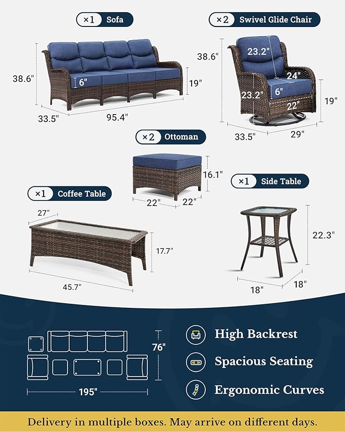 HILLGA Luxury Patio Furniture Set with 6-inch Thick Cushion, Outdoor Sectional Sofa and High Back Swivel Rocker Patio Chairs, 7PCS Wicker Conversation Set for Deck Yard and Poolside, Blue (V2)