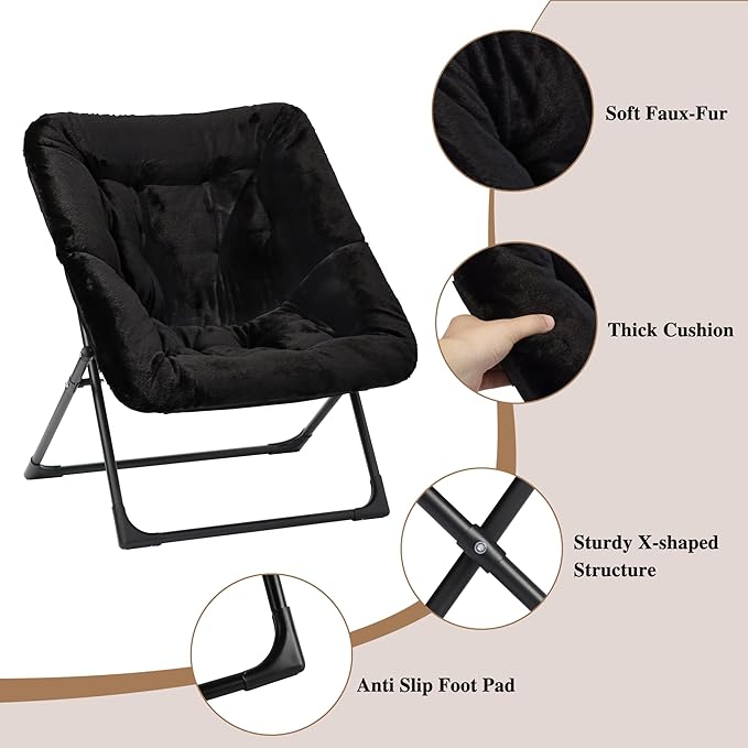 Comfy Saucer Chair for Adults, Soft Faux Fur Bedroom Chair, Accent Dorm Chairs, Flexible Living Room Reading Chairs, Oversized Folding Lounge Seat for Teens, X-Large, Black