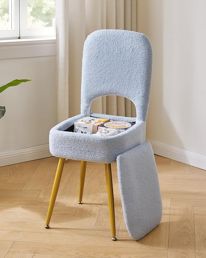 IBUYKE Small Storage Vanity Stool with Folding Backrest, 12.99" x 13.78" x 31.5" Square Teddy Velvet Ottoman, Makeup Chair for Living Room, 4 Metal Legs with Anti-Slip Feet, Blue WBD027H