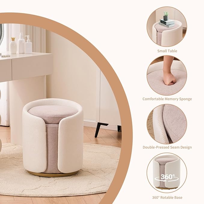 Vanity Chair with Storage, Round Boucle Vanity Stool No Wheels, Swivel Ottoman Chair with Upholstered for Women, Makeup Chairs Accent Stool with Back for Living Room, Gold Base, Beige